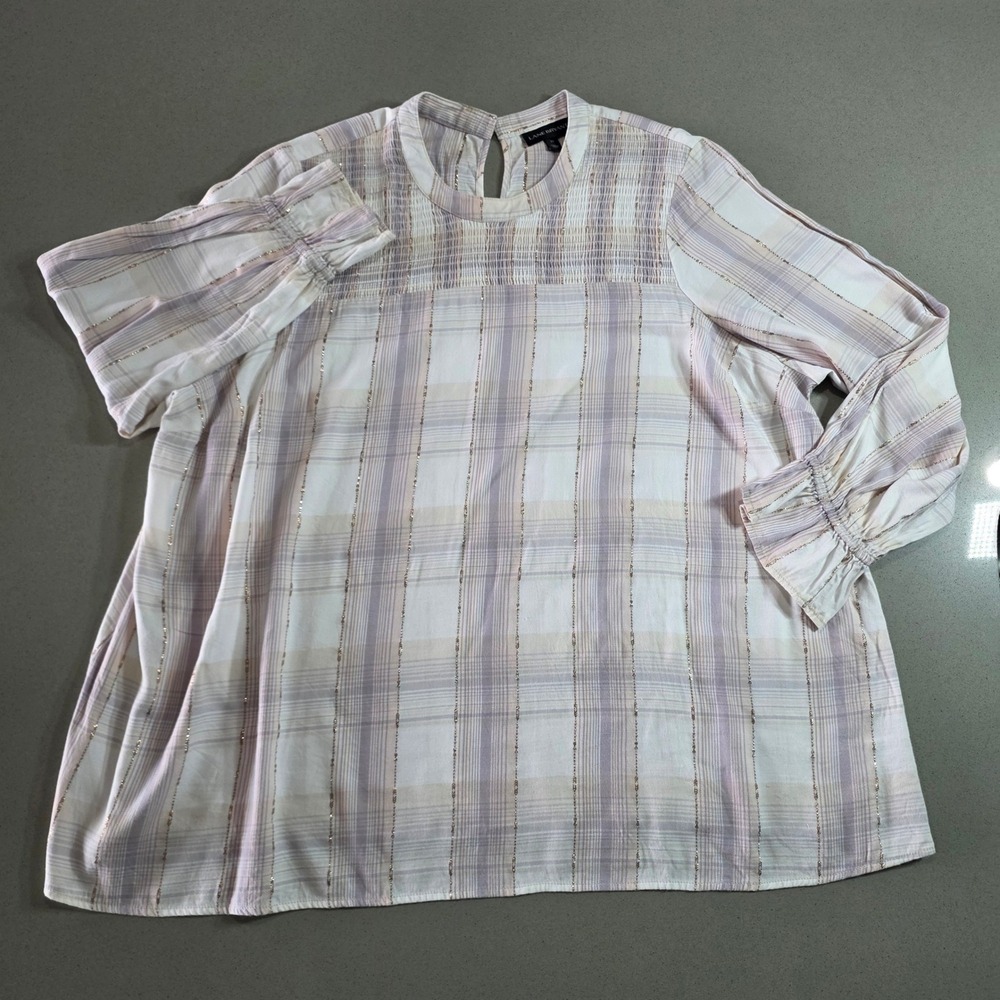 Lane Bryant Plaid Smocked Metallic Long Sleeve Blouse Purple Peach Size 22